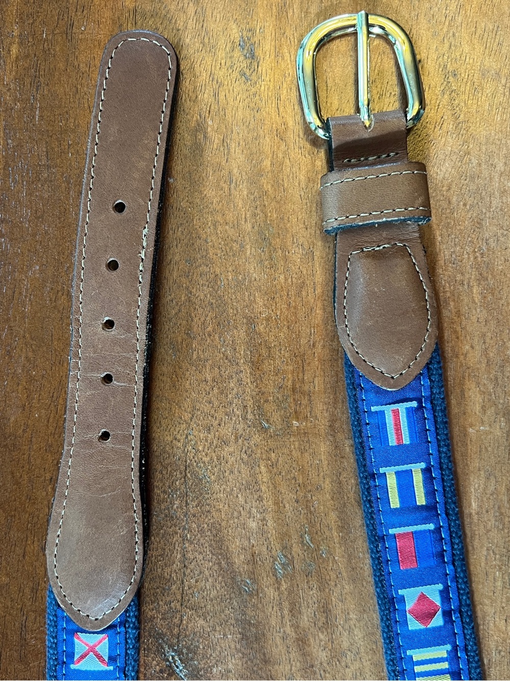 West Marine Men's Adjustable Nautical Belt Size 46 Blue/Brown Brass Buckle